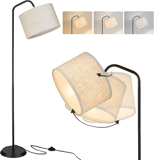 ELYONA Floor Lamp for Living Room with 3 Color Temperatures, Modern Standing lamp with Beige Linen Adjustable Hanging lampshade, Tall Pole Reading Lamp with 9W LED Bulb for Bedroom, Office, Black