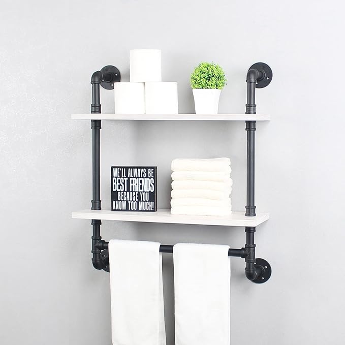 Iron Pipe Shelves Industrial Bathroom Shelves with Towel bar,24in Rustic Metal Pipe Floating Shelves Pipe Wall Shelf,2 Tier Industrial Shelf Wall Mounted,Black & White