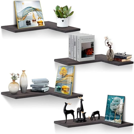 Natural Wood Set of 4 Wall Mounted Corner Shelves Hanging Corner Wall Shelves L-shaped Floating Shelf for Bathroom Bedroom Kitchen Office Living Room Wooden Corner Wall Shelves Carbonized Black