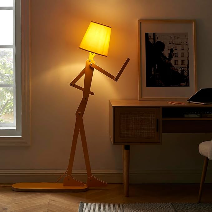 Cool Mini Wood Floor Lamp for Living Room Bedroom Farmhouse - Corner Decorative Reading Standing Light Creative Swing Arm Arc Design Gift for Kids Room (Egg Yellow)