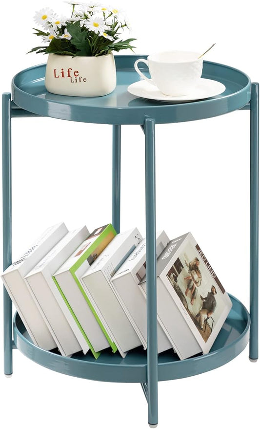 TeoKJ 2 Tier Round Side Table, Folding Round Metal End Table Small Nightstand with Two Removable Tray for Bedroom Living Room Bedside Small Spaces Blue Gray