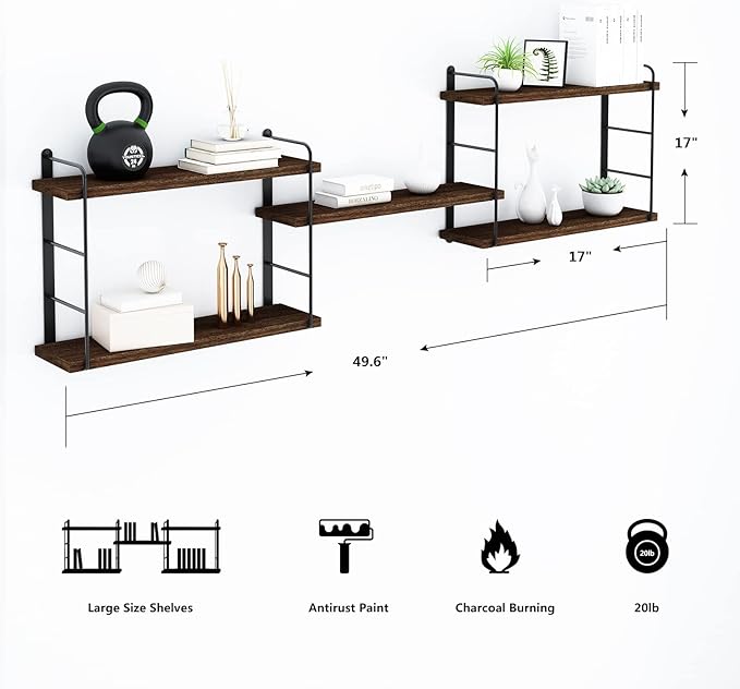 Wall Mounted Floating Shelves, Wall Shelves, Rustic Wall Decor Wood Shelves for Bedroom, Living Room, Bathroom and Kitchen Storage, Easy Installation (5, Brown)