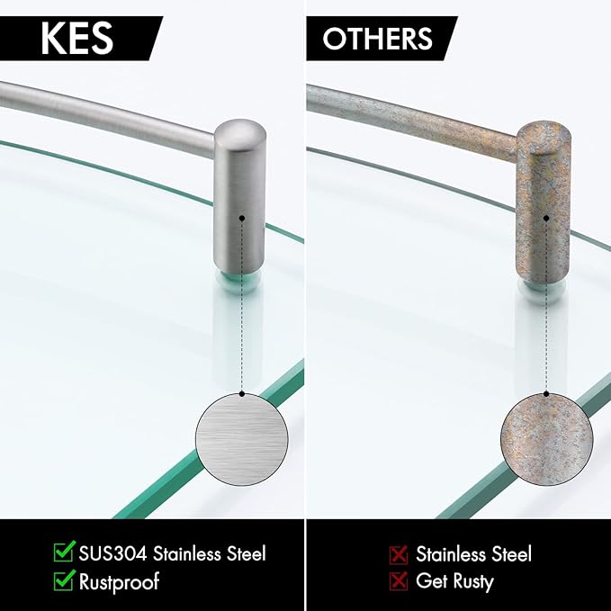 KES Glass Corner Shelf for Bathroom Corner Shelf 2 Pack Tempered Glass Shelf with Rail SUS 304 Stainless Steel Wall Mounted Brushed Finish, BGS2101A-2-P2
