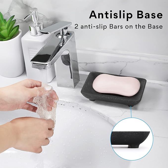 Soap Dish with Drain, Aimou Bar Soap Holder Saver Self Draining Waterfall Soap Sponge Tray Dishes, Easy Clean Soap Case Box Container for Bathroom Shower Kitchen Sink Countertop Black