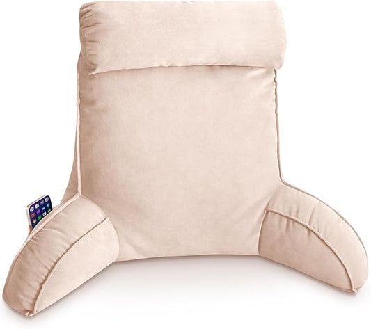 Reading Pillow for Bed Adult Size, Back Pillow for Sitting in Bed, Shredded Memory Foam Bed Chair Pillow with Arms, Pockets, Washable Cover (Pink, Large)