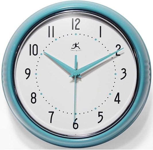 Infinity Instruments LTD. Retro 9 inch Silent Sweep Non-Ticking Mid Century Modern Kitchen Diner Wall Clock Quartz Movement Retro Wall Clock Decorative (Turquoise)…