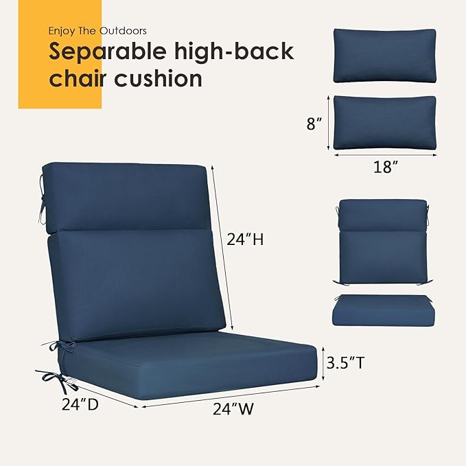 Sunbrella Outdoor High Back Chair Cushion, 2 Pack 48 x 24 inches Patio Chair Cushions Water Repellent Rocking Cushions Indoor Furniture Seat Pad with 2 Pillows, Specrtum Indigo