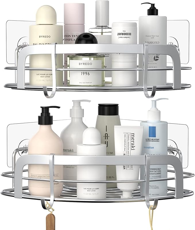 STEUGO 2 Pack Shower Caddy Corner, Bathroom Corner Shower Shelfs, Adhesive Wall Mounted Shower Caddy with 4 Movable Hooks, No Drilling Shower Shelf, Stainless Steel Silver.