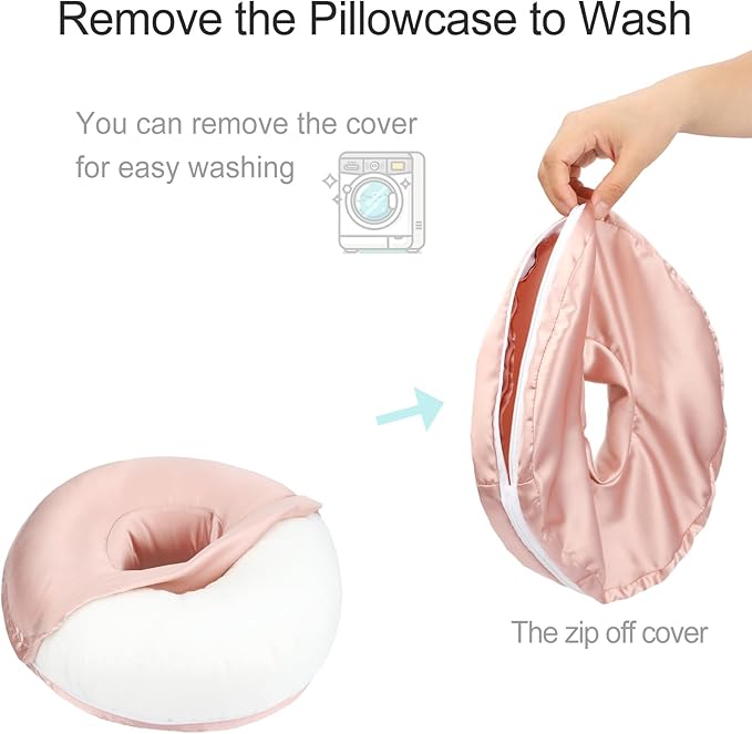Silky Ear Piercing Pillows with Holes Removable Pillowcase Washable Donut Pillow for Ear Pain Side Sleeping Cartilage CNH Pressure Sore Tinnitus Headphones Relief Guard Protector Coral