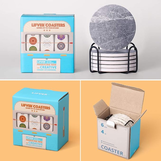 LIFVER Coasters for Drinks Absorbent, Living Room Decor, Ceramic Coasters Set of 6 with Cork Base, Protect Wooden Table or Furniture from Scratched, Drink Coasters with Holder - Grey
