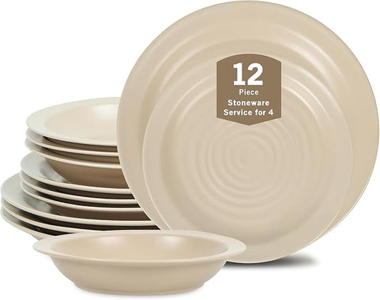 Stone Lain Orbit 12-Piece Dinnerware Set Stoneware, Plates and Bowls Set, Pasta Bowls, Microwave and Dishwasher Safe, Dish Set for 4, Beige