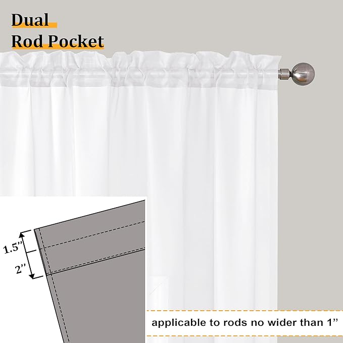 Aiyufneg White Sheer Valance for Window Curtains 24 Inch Length, Light Filtering Kitchen Valances, Small Voile Sheer Curtains for Living Room/Bathroom/Basement, Dual Rod Pocket, 2PCS, 40W x 24L Inch