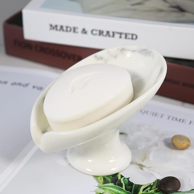 Self-Draining Soap Dish White Marble Ceramic Soap Holder Stand Style Waterfall Soap Dish Soap Savers for Bar Soap, for Bathroom, for Shower, for Bar Counter