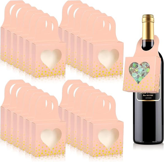 Megitzuu 50 Pieces Wine Bottle Box with Window, Pink Wine Boxes for Gifts Hanging Foldable Wine Gift Boxes Kraft Paper Wine Bottle Hanger Favor Box for Holding Candy Truffles Chocolate Cookies