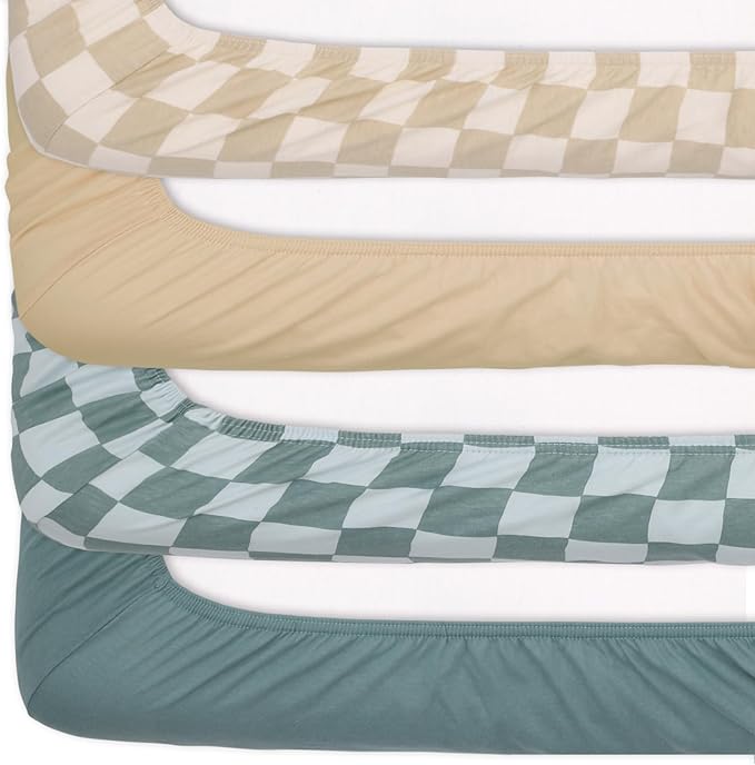 The Peanutshell Organic Crib Sheets for Boys or Girls, Breathable Super Soft 100% Jersey Cotton, Checkered Baby Items, Gender Neutral Nursery Bedding, 4 Pack Set for 28x52 Mattresses, Brown Beige Teal