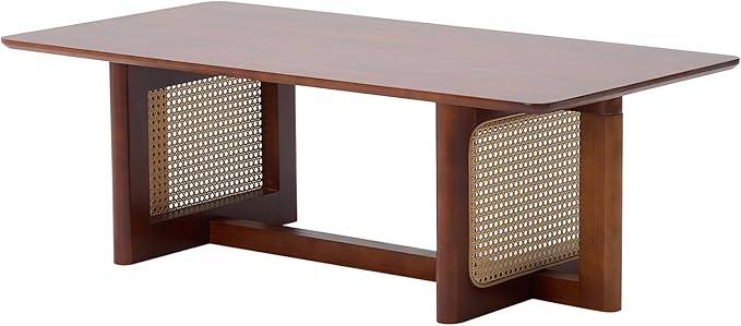 Rattan Coffee Table, 42.5 Inch Rectangular Solid Wood Table with PE Rattan Stand for Living Room