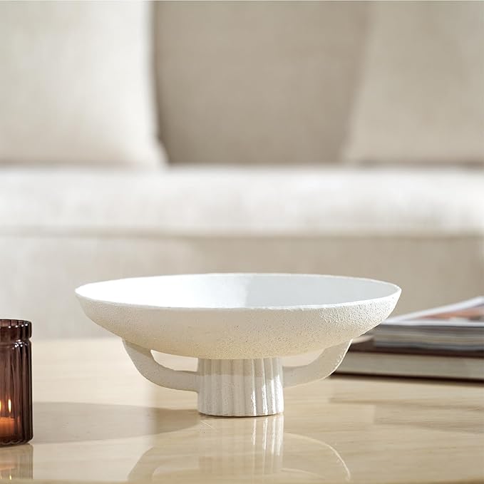 White Resin Decorative Bowl for Boho Modern Home Decor, 11.2" Large Elegant Pedestal Kitchen Fruit Bowl/Key Holder/ Potpourri for Entryway Table, Coffee Table, Dining Room,Table Centerpiece Bowl