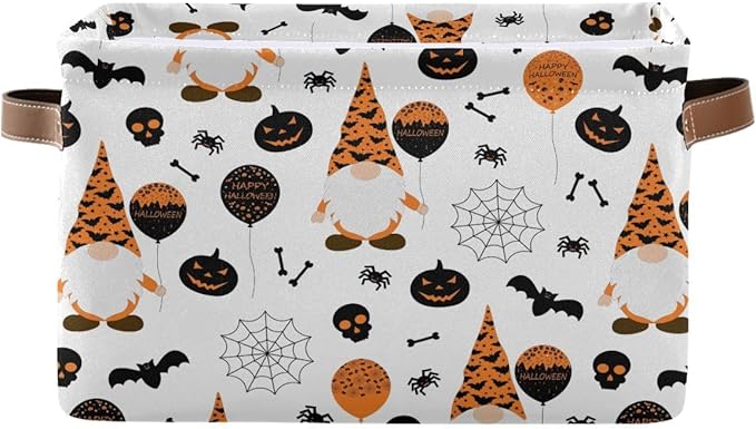 Happy Halloween Gnomes Storage Basket Fabric Kitchen Baskets Spooky Pumpkin Ghost Bat Spider Web Open Home Storage Bins Boxes Foldable Foldable for Candy Toy Decorations Baskets 16×12×8 Inches