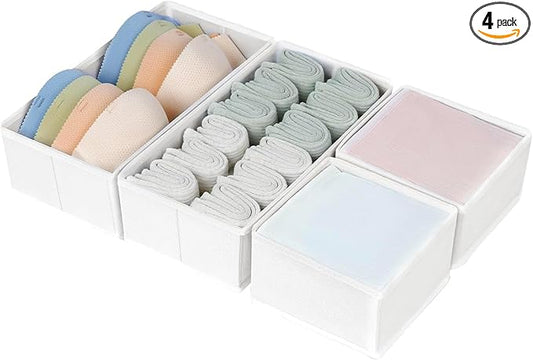 DIMJ Drawer Organizers - Set of 4 Fabric Closet Organizers and Storage, Drawer Dividers for Baby Clothes, Socks, Belt, Tie (White)