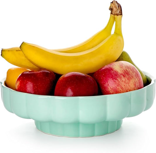 Nucookery Ceramic Petal Fruit Bowl for Kitchen Counter, 11 Inch Modern Decorative Bowl, Elegant Fruit & Vegetable Storage Container, Large Bread Basket, Mint Green