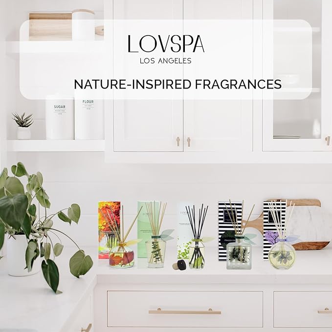 LOVSPA Holiday Cinnamon Pine Cones Reed Diffuser Oil Gift Set | Fir Needles, Cinnamon Sticks, Clove Buds, Sandalwood & Cedarwood | Winter Scent | Modern Striped Glass Bottle | Made in The USA