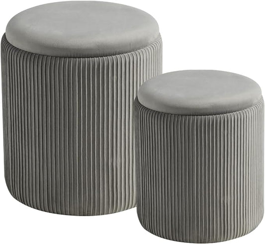 Round Set of 2 Ottoman with Storage-Upholstered Velvet Vanity Stool for Makeup Multifunctional Ottomans Coffee Table Padded Seat Foot Rest for Living Room&Bedroom (Ligth Grey)