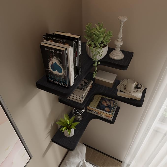 SAUMONIERES Corner Floating Shelves Wall Mount Shelf Solid Wood for Bedroom Bathroom Room Kitchen Storage Set of 3, Black, Invisible Brackets