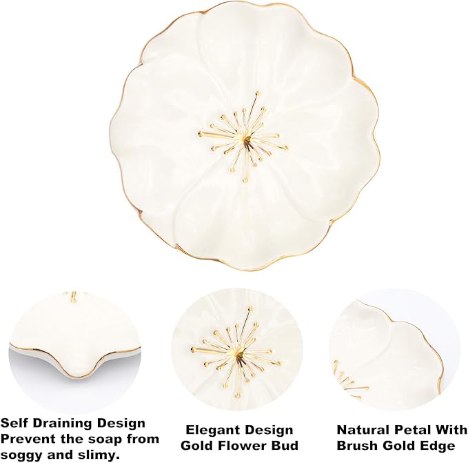 Elegant Bathroom Soap Dish, Inspired by Nature Hibiscus Flower, Ceramic Soap Dish Holder, Self-Draining and Multiple Styles for Bathroom Kitchen Accessories