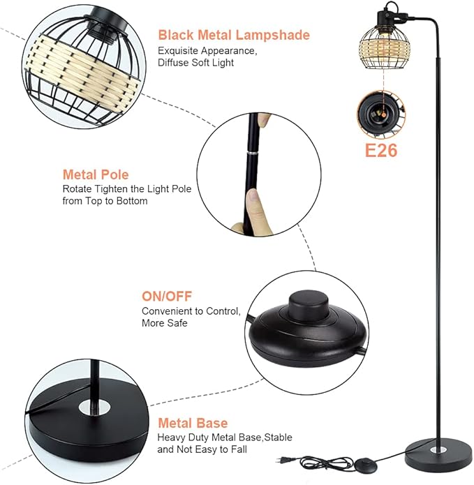 DLLT LED Floor Lamp, Adjustable Head Standing Lamp with Heavy Metal Based, Farmhouse Tall Rattan Floor Lamps Reading Lighting for Living Room, Bedroom, Study Room, Office, 8W 3000K E26 Bulb Included