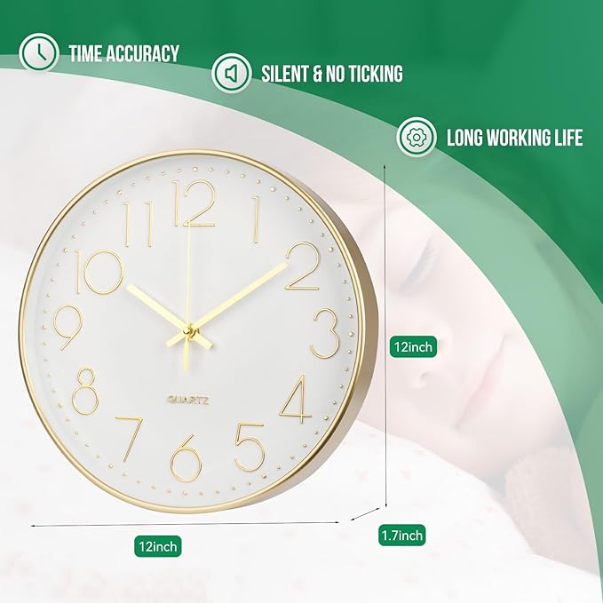 Wall Clock 12 Inch Non-Ticking Silent Modern Simple Style Round Decor Clock Gold Stereoscopic Dial Quartz Wall Clocks for Home/Office/School/Living Room/Bedroom/Kitchen