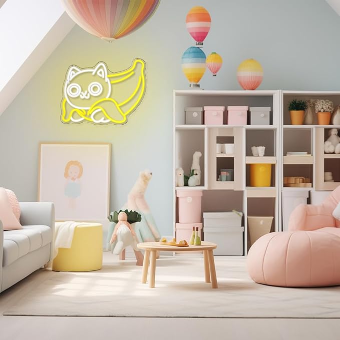 Cat Neon Sign for Wall Decor Banana Neon Light USB Powered LED Neon Sign Yellow LED Neon Light for Bedroom Zoo Pet Shop Cat House Decoration(16.9"*12.6")