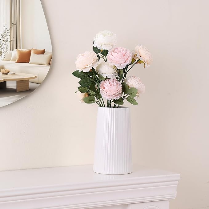 White Ceramic Vase for Flowers, Large Modern White Vase for Home Decor, Decorative Vase for Living Room, Office, Mantel, Bookshelf, Dining Table, 8 inches