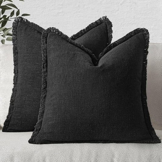 MIULEE Decorative Throw Pillow Covers Neutral Linen Fringe Throw Pillows Set of 2 Black Boho Farmhouse Cushion Covers with Tassels for Couch Sofa Bed Living Room Spring Home Decor 16x16 Inch