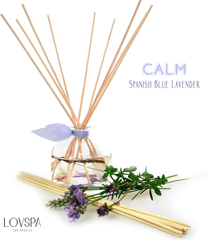 LOVSPA Calm Spanish Blue Lavender Reed Diffuser Set - Lavender, Clary Sage & Violet Leaf Essential Oils - Relaxing, Calming Gift Idea