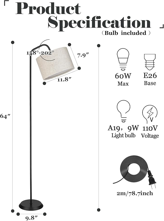 ELYONA Floor Lamp for Living Room with 3 Color Temperatures, Modern Standing lamp with Beige Linen Adjustable Hanging lampshade, Tall Pole Reading Lamp with 9W LED Bulb for Bedroom, Office, Black
