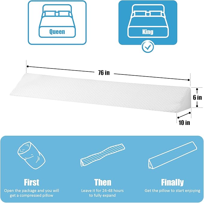 King Bed Wedge Pillow for Headboard, Foam Pillow Wedge for Headboard Gap, Mattress Bed Gap Filler King, Triangle Pillow, Anti-slip Bed Crack Pillow Space Filler (76"×10"×6") Air-Layer White