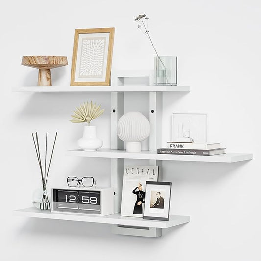 Homode Floating Shelves, Set of 3 Wooden Hanging Shelves for Bathroom and Bedroom Storage, Decorative Wall-Mounted Display Shelf for Plants, Books, Pictures, White
