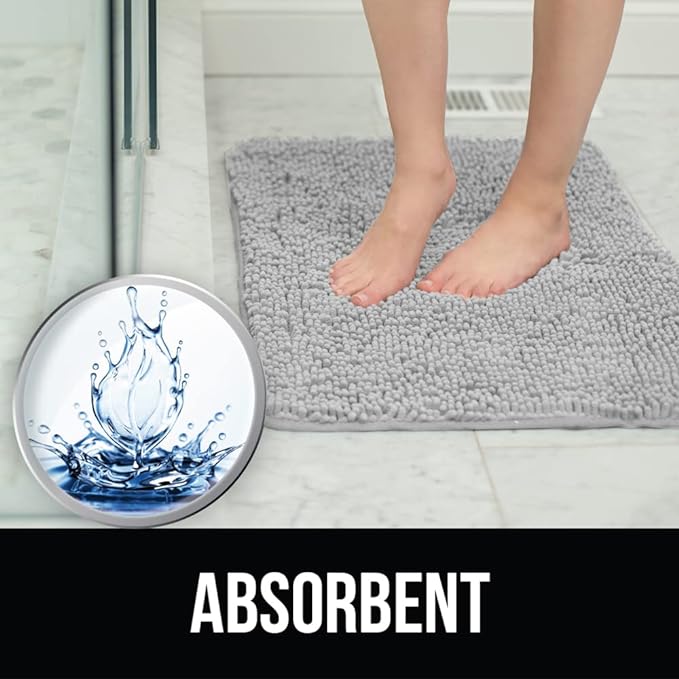 KANGAROO Bathroom Rugs, Chenille Soft Absorbent Bath Rug, Shaggy Shower Mat, Quick Dry Machine Wash Bathmat, Plush Carpet Mats for Tub, Bathtub and Room Home Decor Accessories, 42x24, Light Gray
