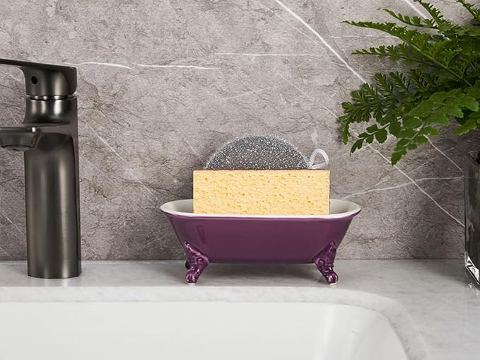6.5" Ceramic Mini Decorative Clawfoot Bathtub Bar Soap Dish, Kitchen Sponge Holder and Shower Tray for Bathroom, 1 Pack(Plum)