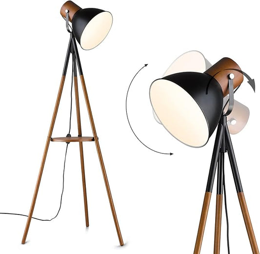 ELYONA Dimmable Tripod Floor Lamp with Table, Wood Standing Lamp with Adjustable Metal Shade, Modern End Table with Reading Light for Livingroom, Bedroom, Office, LED Bulb Included, Black & Brown