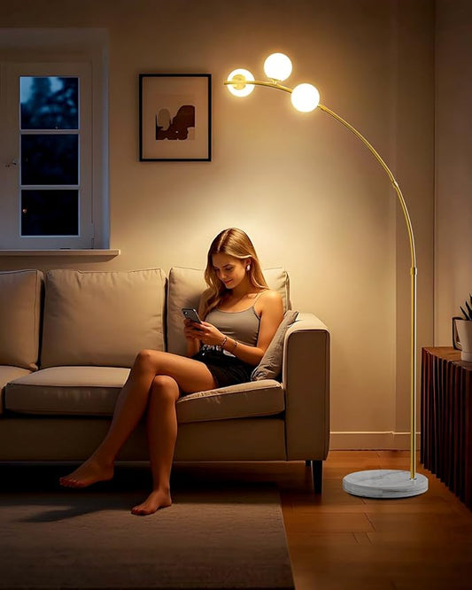 Lightdot 3 Globe Modern Floor Lamp for Living Room, Contemporary Gold Arc Floor Lamp with Shatterproof Shade and Bulbs Included，Mid Century Standing Lamp for Bedroom & Home Office