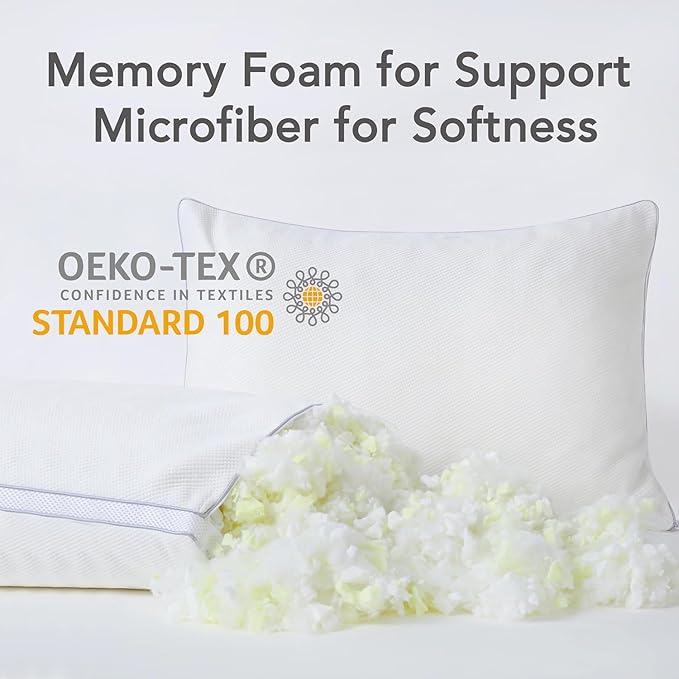 Cooling Pillow for Side Sleeper Shredded Memory Foam Standard Size Set of 2 Firm Support Sleeping Bed Pillows Stomach Back