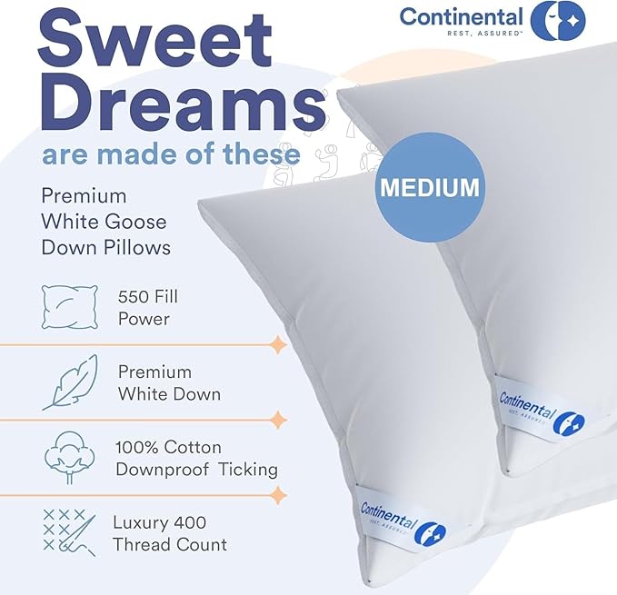 Continental Bedding Medium King Pack of 1 White Down Pillows 30 Ounce 550FP Hotel Down Pillows for Supporting Back Side and Stomach Sleepers