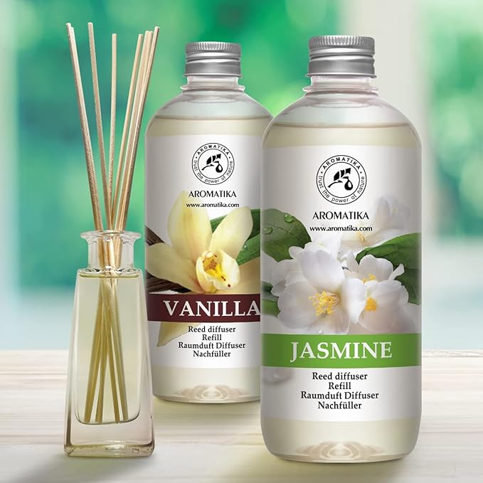 Reed Diffuser Refill Set Vanille & Jasmine with Jasmine Essential Oil 34 Fl Oz - 2 x 500ml - Fragrance Oil Reed Diffuser Refill - Room Freshener - Floral Fragrance