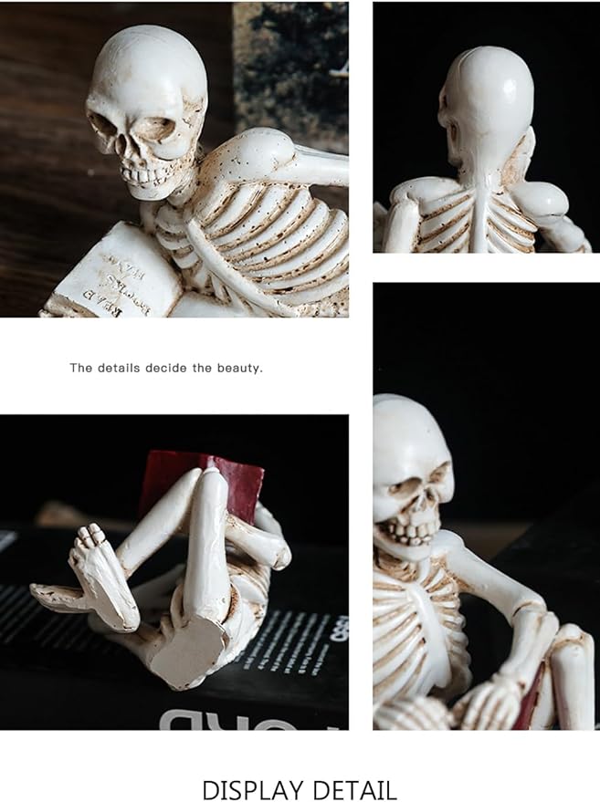 3 Psc Reading Skeleton Statue Gothic Horror Decor for Bookshelf and Desk Resin Figurine Halloween Decoration