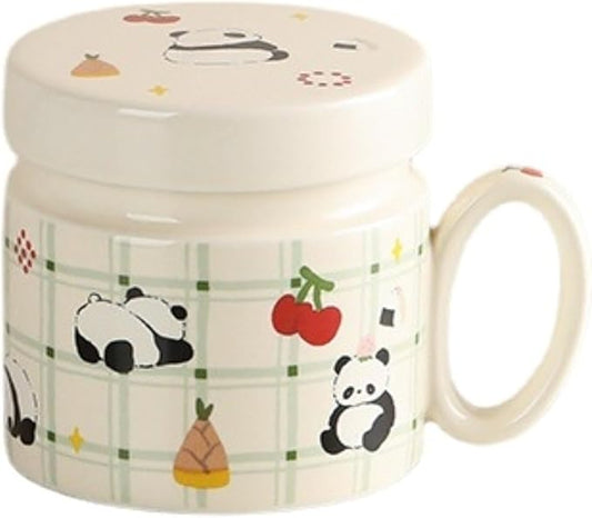 Ceramic Coffee Mug with Lid and Handle 380ml/12.85oz, Cute Cartoon Panda Design, Exquisite and Novelty Gift (Panda with Cherry)
