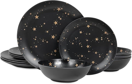 Black Melamine Dinnerware Sets - 12pcs Plates and Bowls Sets, Unbreakable Camping Dishes Set for 4, Indoor and Outdoor Use Non-breakable Dinner Set - Star