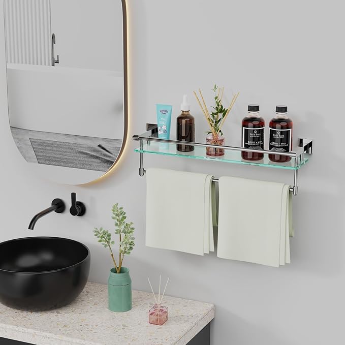 20" Glass Shelves for Wall with Towel Bar/Track SUS 304 Stainless Steel Shelf Tempered Glass Shelf, for Toilet, Room Decor(Chrome Polished, 24-inch)