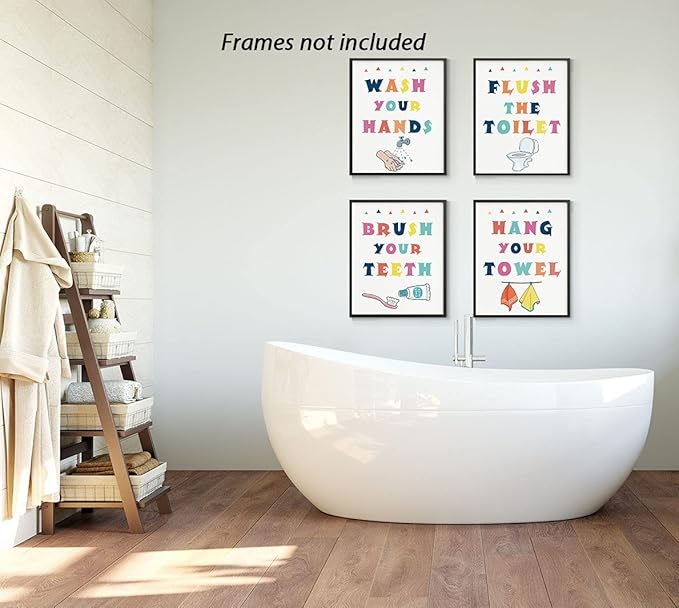 InSimSea Wall Art Prints Poster Funny Bathroom Signs Prints, Bathroom Quotes and Sayings Art Pictures Artwork, Kids Aesthetic Room Wall Decor, set of 4, 8x10 inch, Unframed