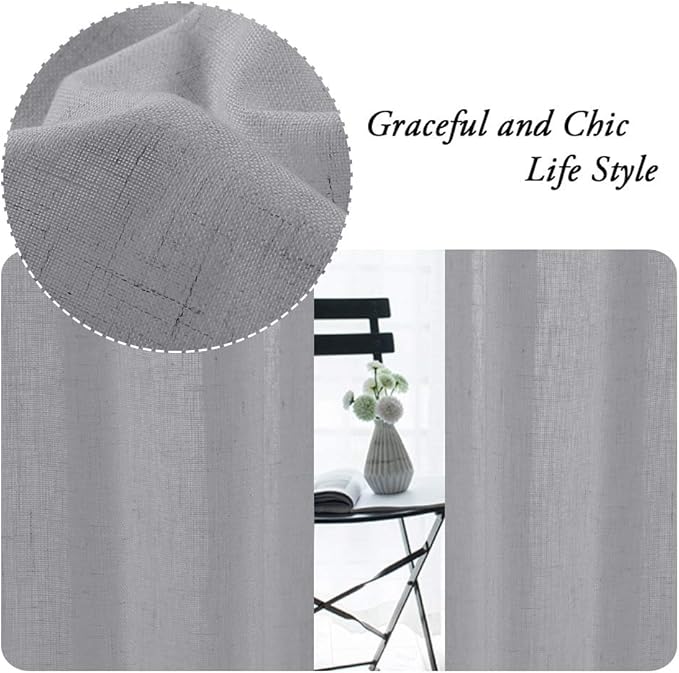PrinceDeco Linen Burlap Curtains 108" Long for Windows, Rod Pocket Light Filtering Linen Blend Window Treatments for Bedroom/Living Room, W52 x L108, Set of 2, Dove Grey